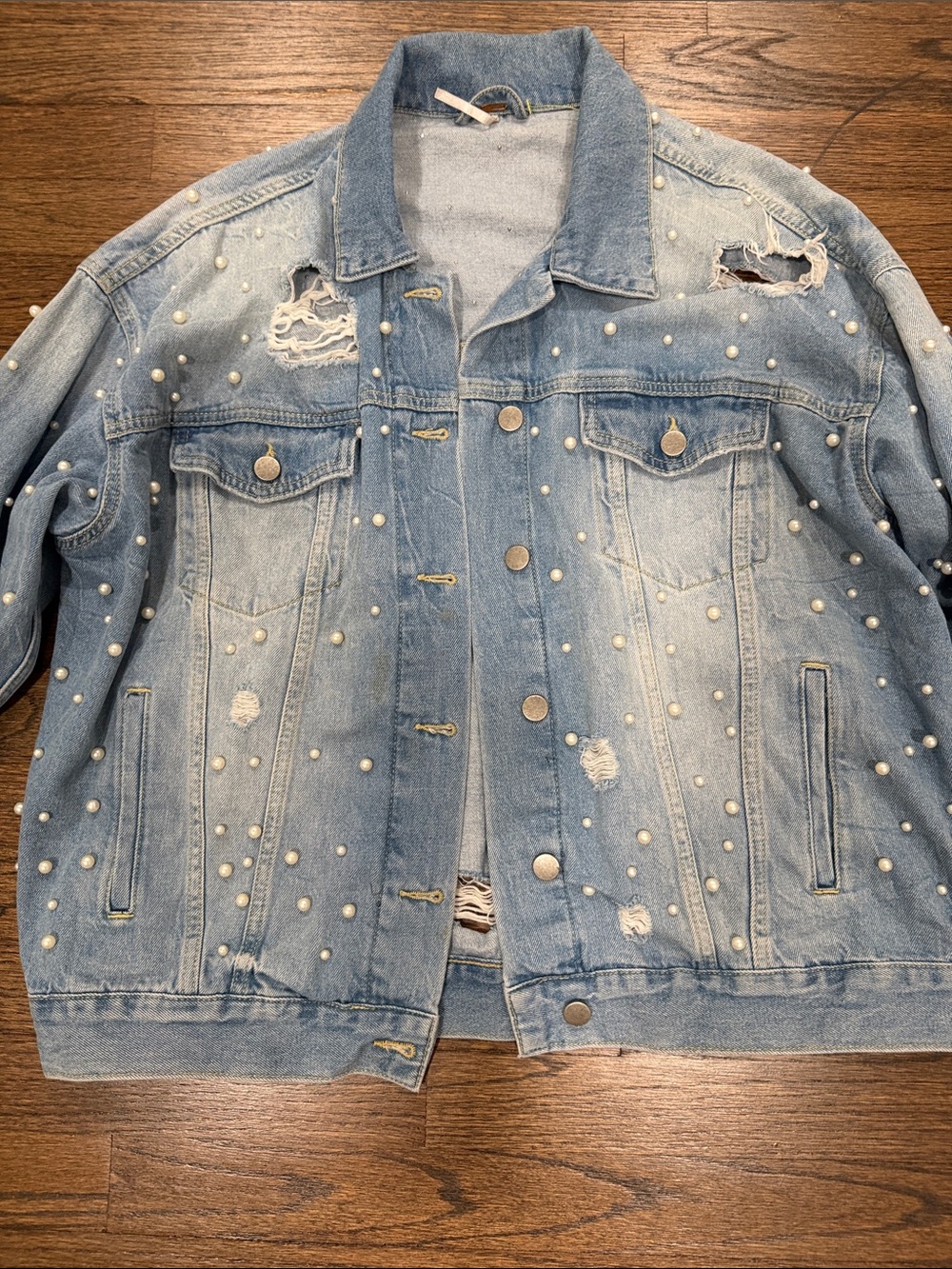 Free People Distressed Light Blue Denim Jacket with Pearl Accents - Picture 2 of 7